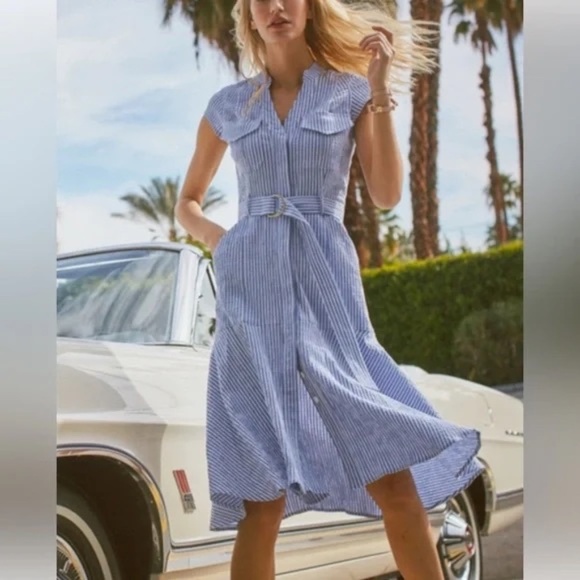 White House/Black Market Dresses & Skirts - White House Black Market (WHBM) Seersucker Utility Midi Dress, BLUE/WHITE, SZ 4